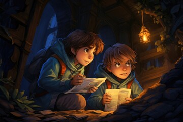 Cartoon children exploring and solving riddles 