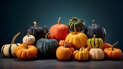 Colorful pumpkins on a dark background. Halloween or Thanksgiving background