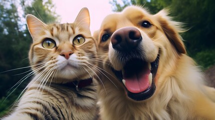 Cat and dog best friends taking a selfie shot. Cute Golden Retriever and Scottish Straight cat sitting together in the park.