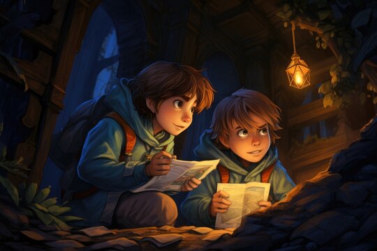 Cartoon children exploring and solving riddles 