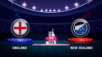 england vs new zealand cricket championship match with flag shield on beautiful stadium background © Faysal