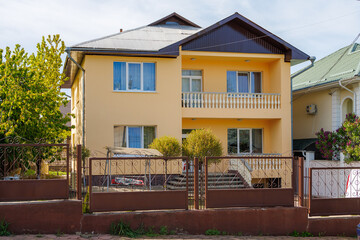 A typical house in a cottage village. Background with selective focus and copy space