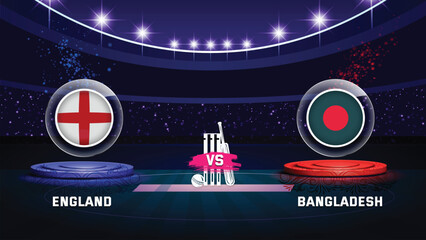 england vs bangaldesh cricket championship match with flag shield on beautiful stadium background