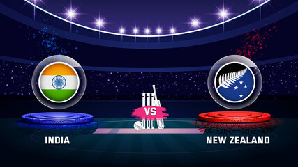 india vs new zealand cricket championship match with flag shield on beautiful stadium background