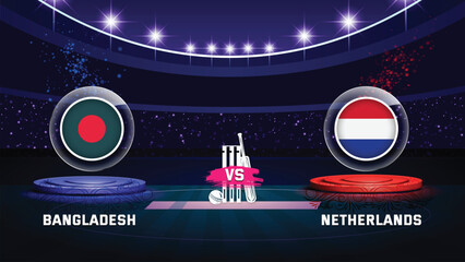 bangaldesh vs netherlands cricket championship match with flag shield on beautiful stadium background