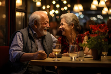 An elderly couple celebrating in a restaurant, happy and in love, enjoying each other's company