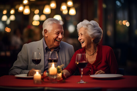 elderly couple enjoying anniversary dinner in restaurant with wine