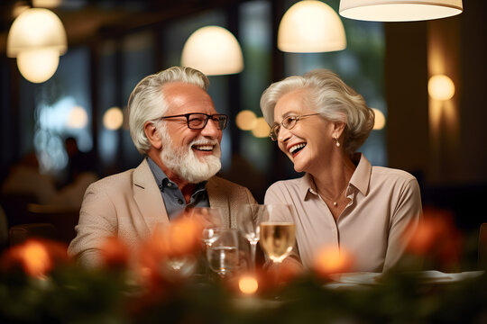 happy elderly couple celebrating love and anniversary in restaurant