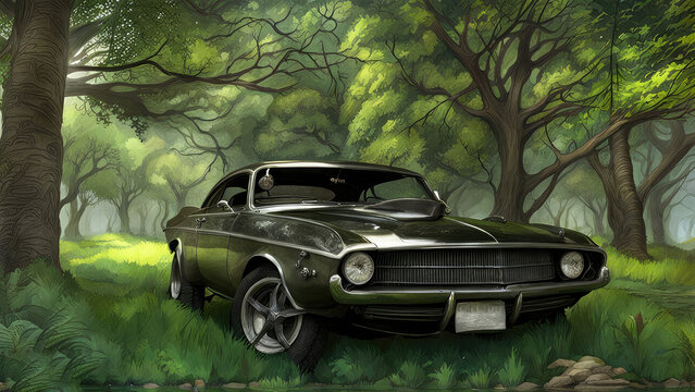 Fantasy concept background a vintage black car in the forest