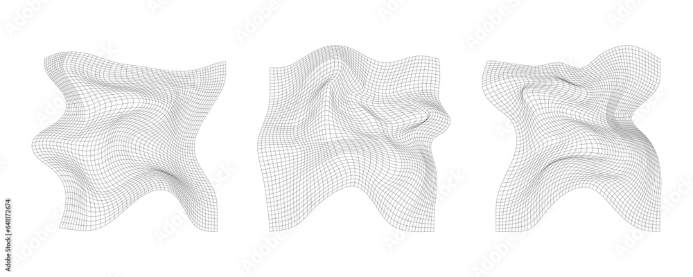 Aufkleber distorted grid. warped mesh texture. wireframe wave geometry grid. vector illustration