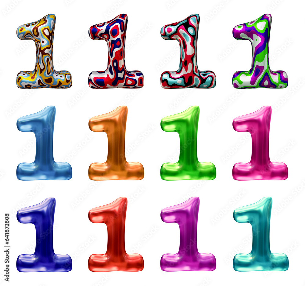Poster set of number 1 in 3d rendering isolated on transparent background for math, business and education 