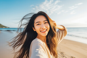 Beautiful young asian woman enjoying a day on the beach while smiling and making a picture