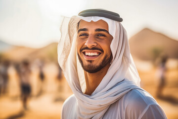 Portrait of a happy energetic muslim man enjoying a music festival and having fun