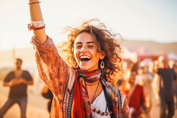 Portrait of a beautiful energetic indian woman enjoying a music festival and having fun