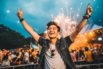 Fototapeta na wymiar Portrait of a happy energetic asian man enjoying a music festival and having fun