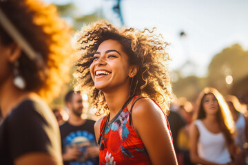 Portrait of a beautiful energetic woman enjoying a music festival and having fun