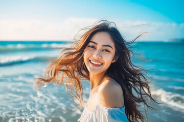 Portrait of beautiful young asian woman smiling and having fun while swimming in ocean