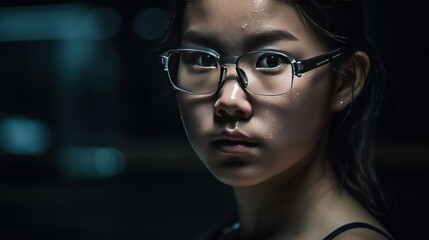 Fototapeta na wymiar Portrait of a beautiful asian girl wearing glasses in the dark