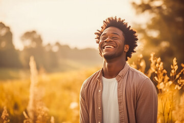 Portrait of handsome young african american man smiling while standing in field of wheat, natural light