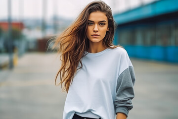 Portrait of beautiful young caucasian sporty woman with vibrating energy, street style