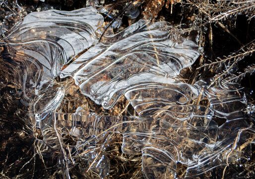 abstract of shapes of clear ice on a cold day