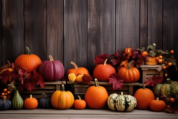 Ripe orange pumpkin on a beautiful wooden table, halloween preparation, harvest, copyspace