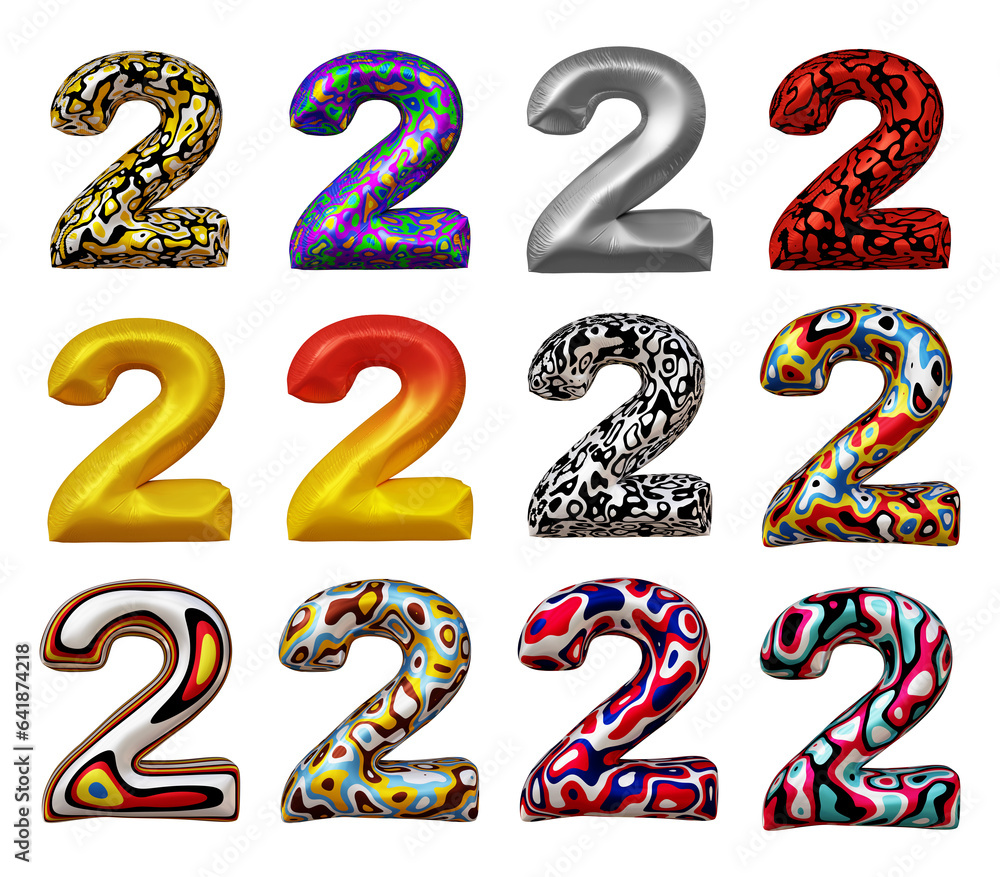 Poster set of number 2 in 3d rendering isolated on transparent background for math, business and education 