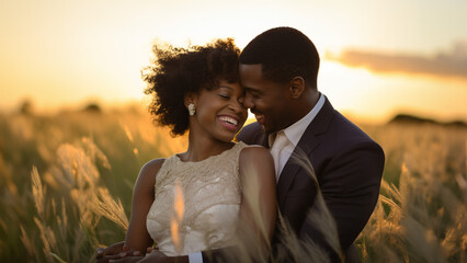happy newlyweds embracing in a field at sunset
