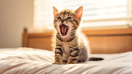 Cute kitten in bed animal photography, animal portraits,cat on a bed,Kitten Yawning on a Bed