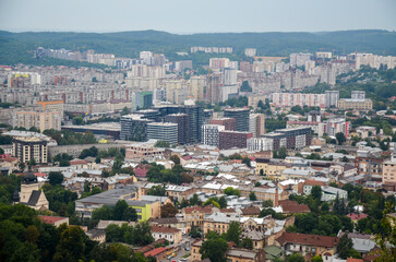 Fototapeta na wymiar View of the residential area modern part of Lviv from the High castle hill