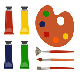 Artist Painting Tools. Set Of Brushes And Palette Knife For Drawing Vector Illustration Flat Style