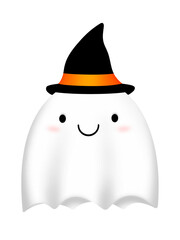 Cute Halloween ghost in black witch hat
