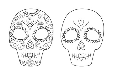 Set of 2 patterned Outline drawing Sugar Skulls. Day of the Dead. Dia de los muertos. Mexico. Vector