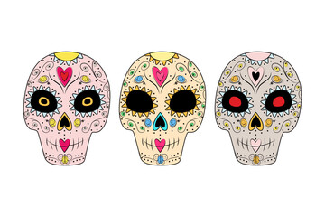 Set of 3 patterned abstract sugar skulls. Day of the Dead. Dia de los Muertos. Mexico. Vector. EPS