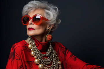 elderly woman in sunglasses. fashion and style in retirement. makeup and gray hair. adult grandmother in jewelry.