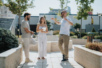 A collaborative group of architects and designers discussing blueprints and working together on a modern architectural project outdoors.