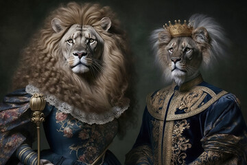 Lions in baroque dress  - obrazy, fototapety, plakaty