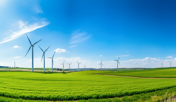 Wind turbines in the meadow. AI generated