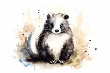 Happy skunk in watercolor illustration  - obrazy, fototapety, plakaty