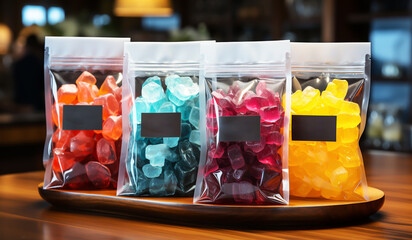 Candies of various flavors on display for sale. AI generated