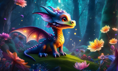 Illustration bébé dragon dans un monde magique. - obrazy, fototapety, plakaty