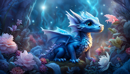 Fototapeta na wymiar Illustration bébé dragon dans un monde magique.