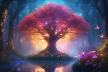 Illustration d'un arbre dans une forêt magique. - obrazy, fototapety, plakaty