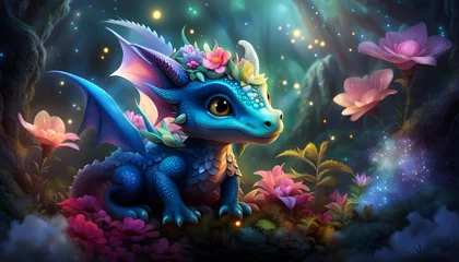 Foto op Plexiglas Grijs Illustration bébé dragon dans un monde magique.