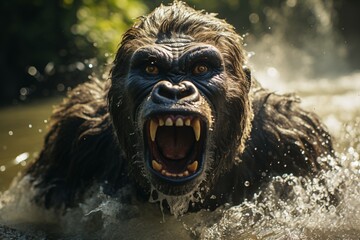 Gorilla with open mouth jump up from water. Angry gorilla in the water. Angry gorilla swimming in the river. Chimpanzee splashing in the water. Portrait of a gorilla.
