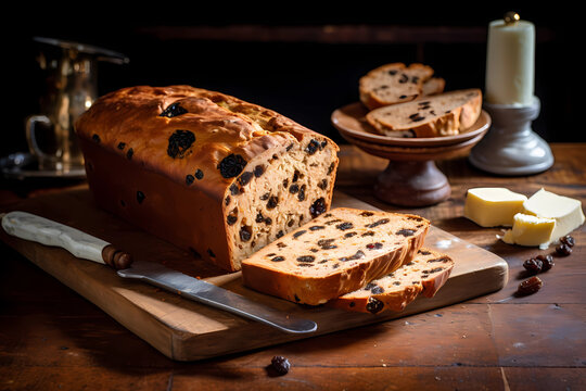 Barmbrack - Ireland - Fruitcake-like bread, often served during Halloween (Generative AI)