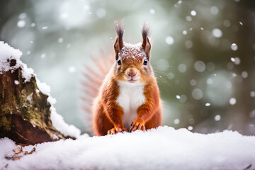 Cute red squirrel in the falling snow, animals in winter. High quality photo - obrazy, fototapety, plakaty