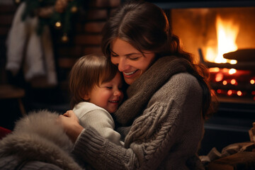 Mother and daughter huging near the fireplace. Christmas, winter with family concept. High quality photo