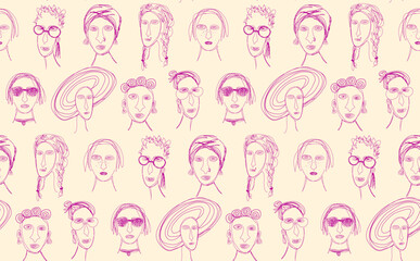 Pink seamless pattern of diverse female faces outlines. Vintage girl power hand drawn vector doodle background. Women's solidarity illustration.