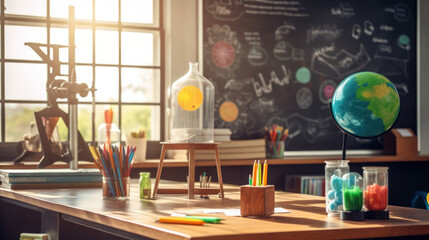Back to school: Vibrant classroom scene filled with colorful chairs and desks